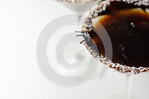 Alcoholic drink based on vodka and coffee liqueur served in a cocktail glass, decorated with chocolate, desiccated coconut and