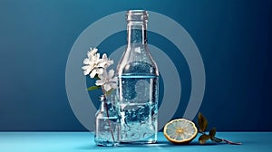 Alcoholic drink gin tonic cocktail with lemon, rosemary and ice on rustic wooden table, copy space