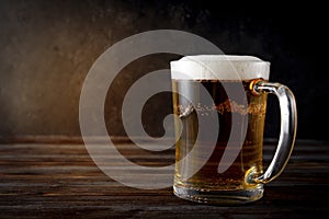 Alcoholic drink , light beer, beer mug on a dark wooden background