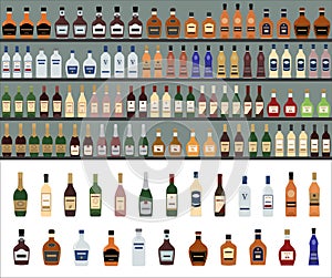 Alcoholic Drinks Bottles Large Vector Set. Supermarket shelves with alcohol bottles.