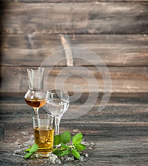 Alcoholic drinks ice mint leaves Aperitif whiskey liquor vodka