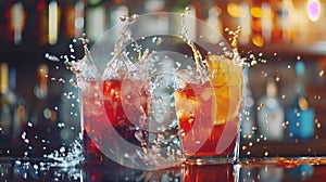 Alcoholic drinks. Juicy fruit cocktail is poured into a glass with splashes photo