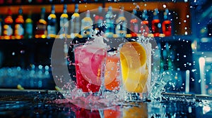 Alcoholic drinks. Juicy fruit cocktail is poured into a glass with splashes photo