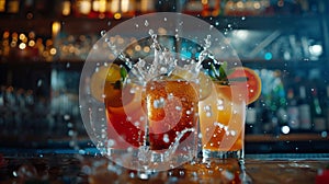 Alcoholic drinks. Juicy fruit cocktail is poured into a glass with splashes photo