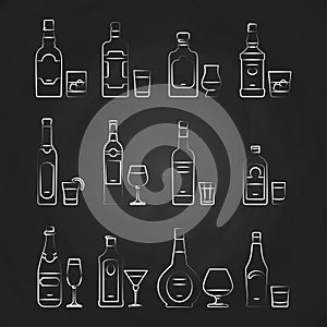 Alcoholic drinks line icons - white drinks icons on chalkboard