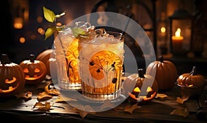 Alcoholic drinks, next to a glowing pumpkin jack-o-lantern, a Halloween image