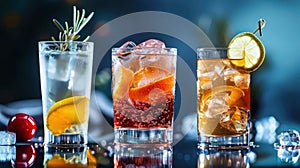 Alcoholic drinks for parties: three different cocktails in glasses with ice and pieces of fruit stand in row on dark