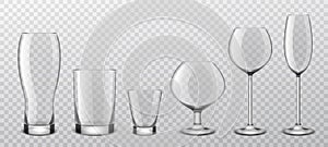 Alcoholic drinks realistic glass glasses. Realistic alcohol cocktail, wine stemware, beer goblet and strong drink shot photo