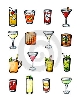 Alcoholic drinks set. Glass of cocktails. Isolated black and white vintage engraving. Sketch art, coloring cartoon style. Hand