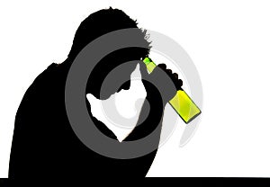 Alcoholic drunk man with beer bottle in alcohol addiction silhouette