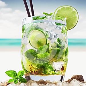 Alcoholic mojito cocktail in a glass with mint leaves and green lime slices, against the background of the beach and the blue sea.