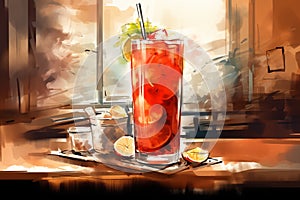 Alcoholic or non-alcoholic cocktail red, strawberry or fruity with lemon or citrus glass on the bar counter