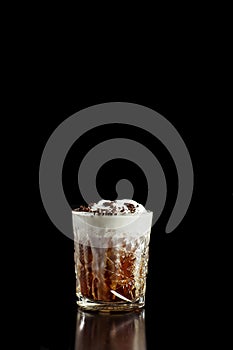 Alcoholic or non-alcoholic coffee cocktail with chocolate bitter, bourbon whiskey and whipped cream. Cool drink. Easy Bartenders