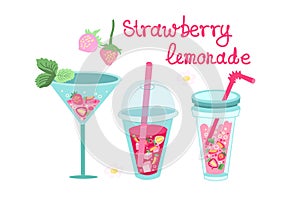 Alcoholic strawberry drinks, lemonades and cocktails set in flat design style. Cute summer stickers with lettering.