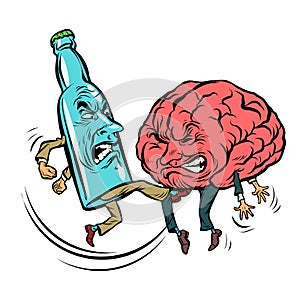 Alcoholism destroys the brain, drunk. fight bottle of vodka