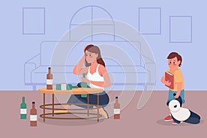 Alcoholism in family flat color vector illustration