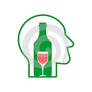 Alcoholism sign. Man and alcohol bottle icon. Concept illustration of logo Human and wine. Incurable disease