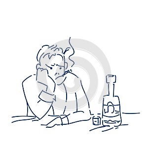 Alcoholism stressed businessman smoking drinking alcohol business failure and unemployment problem concept sketch doodle