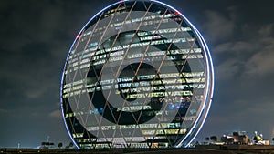 The Aldar headquarters building night timelapse is the first circular building of its kind in the Middle East in Abu