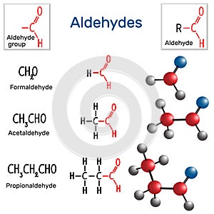 Aldehydes. Chemical formula and molecule model formaldehyde, ace