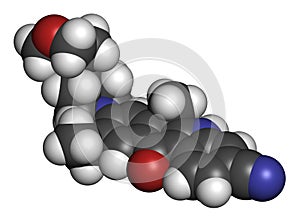 Alectinib cancer drug molecule. 3D rendering. Atoms are represented as spheres with conventional color coding: hydrogen white,.