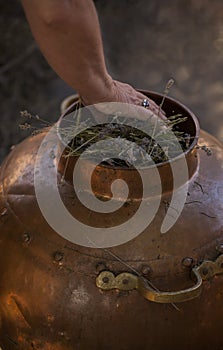 Alembic - copper bowl used for distillation to produce essential oil.