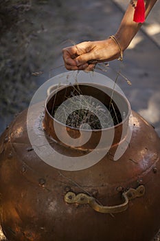 Alembic - copper bowl used for distillation to produce essential oil.
