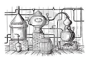 Alembic still for making alcohol inside distillery sketch