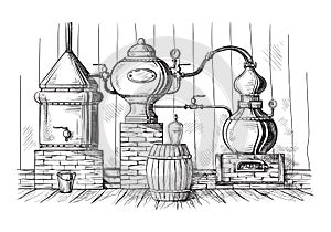 Alembic still for making alcohol inside distillery sketch