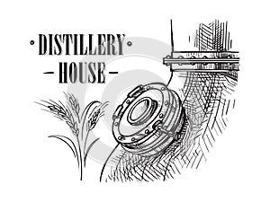 Alembic still for making alcohol inside distillery sketch