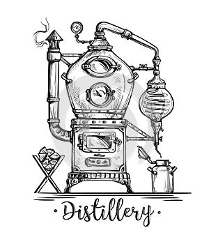 Alembic still for making alcohol inside distillery sketch