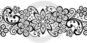 Alencon French seamless lace vector pattern, openwork ornament textile or embroidery design in black on white background