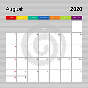 Ð¡alendar page for August 2020, wall planner with colorful design. Week starts on Sunday