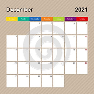 Ð¡alendar page for December 2021, wall planner with colorful design. Week starts on Monday