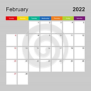 ÃÂ¡alendar page for February 2022, wall planner with colorful design. Week starts on Sunday photo