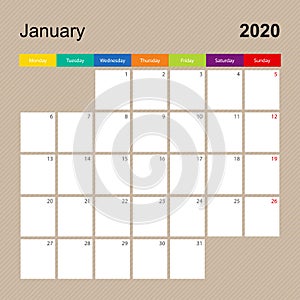 Ð¡alendar page for January 2020, wall planner with colorful design. Week starts on Monday