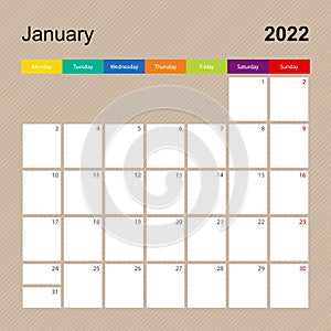 Ð¡alendar page for January 2022, wall planner with colorful design. Week starts on Monday