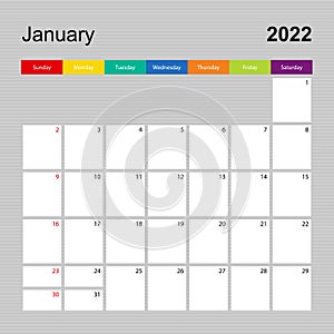 Ð¡alendar page for January 2022, wall planner with colorful design. Week starts on Sunday