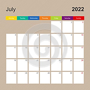 Ð¡alendar page for July 2022, wall planner with colorful design. Week starts on Monday