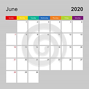 Ð¡alendar page for June 2020, wall planner with colorful design. Week starts on Sunday