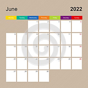 Ð¡alendar page for June 2022, wall planner with colorful design. Week starts on Monday