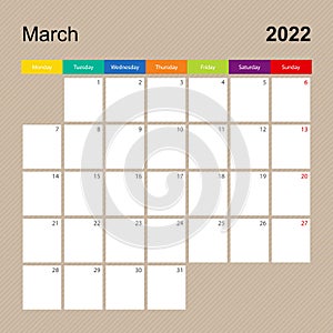 Ð¡alendar page for March 2022, wall planner with colorful design. Week starts on Monday