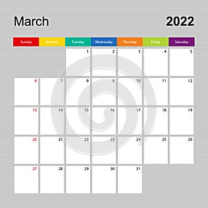 Ð¡alendar page for March 2022, wall planner with colorful design. Week starts on Sunday