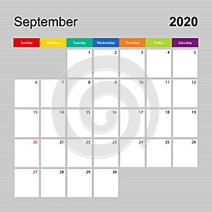 Ð¡alendar page for September 2020, wall planner with colorful design. Week starts on Sunday