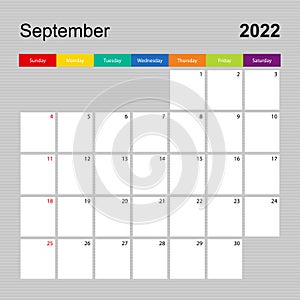 Ð¡alendar page for September 2022, wall planner with colorful design. Week starts on Sunday
