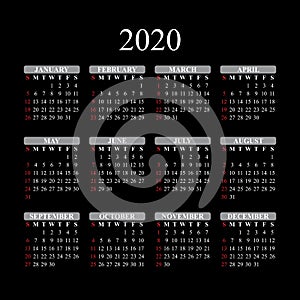 ÃÂ¡alendar for 2020 year on black background. Vector EPS10.