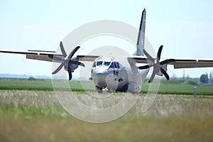 Alenia C-27J Spartan military cargo plane from the Bulgarian Air Force lands on a military airbase during a drill