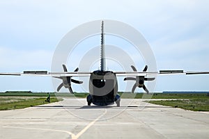 Alenia C-27J Spartan military cargo plane from the Bulgarian Air Force lands on a military airbase during a drill