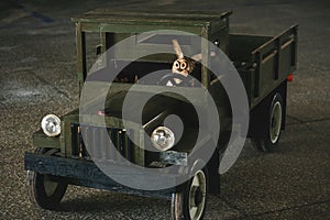 Alert and attentive driver behind the wheel of a wooden truck