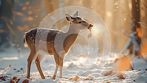 Alert baby Deer in Fresh Snowfall, Winter Wildlife